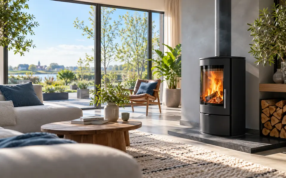 Moderne gesloten houtkachel in een lichte woonkamer