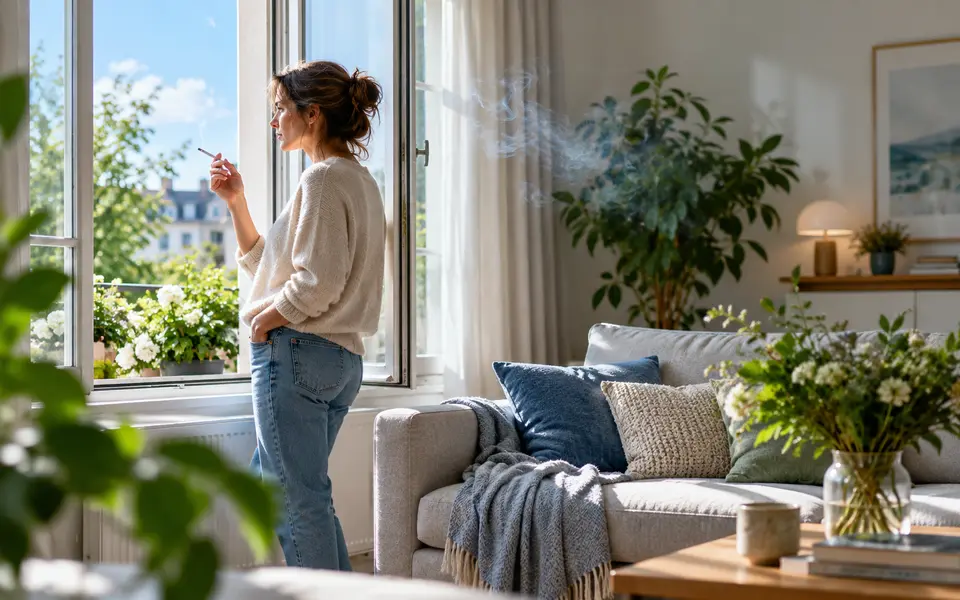 Volwassene rookt bij een open raam in een lichte woonkamer