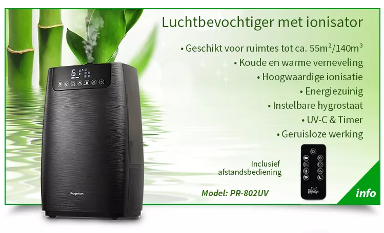 Luchtbevochtiger zwart met ionisator en UV-C